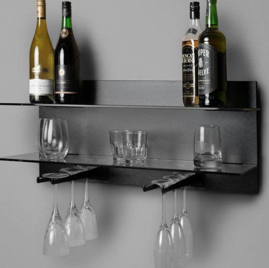 Shelf n More 800mm Glass Shelf kit with hanger arms, Backpanel 2 lines with 2 x 800 Glass Shelf, plus 4 Arms