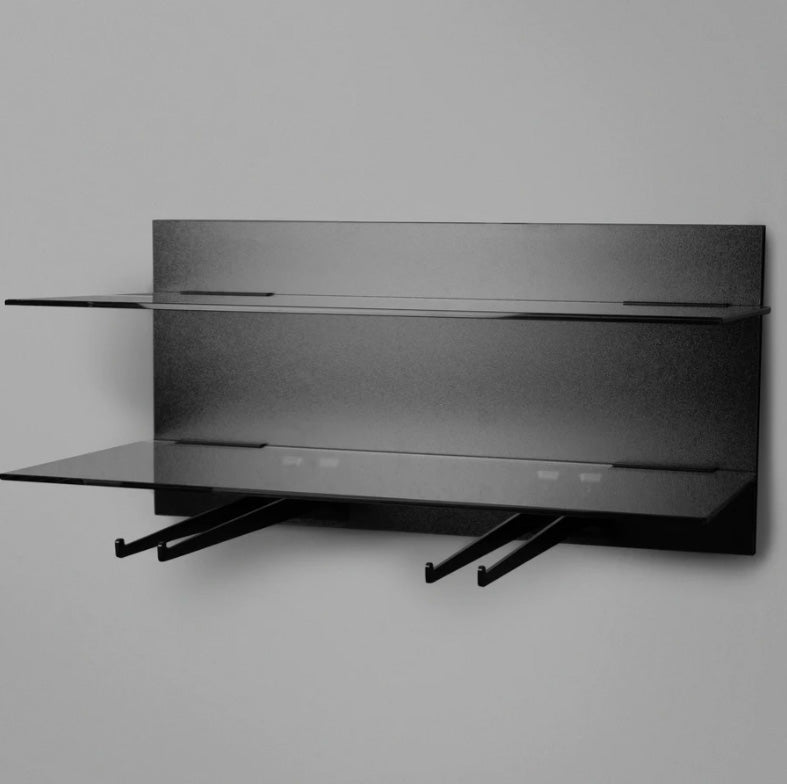 Shelf n More 800mm Glass Shelf kit with hanger arms, Backpanel 2 lines with 2 x 800 Glass Shelf, plus 4 Arms