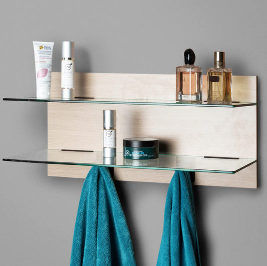 Shelf n More Glass Shelf kit 800mm Backpanel 2 lines with 2 x 800 glass shelves, plus 2 Hooks