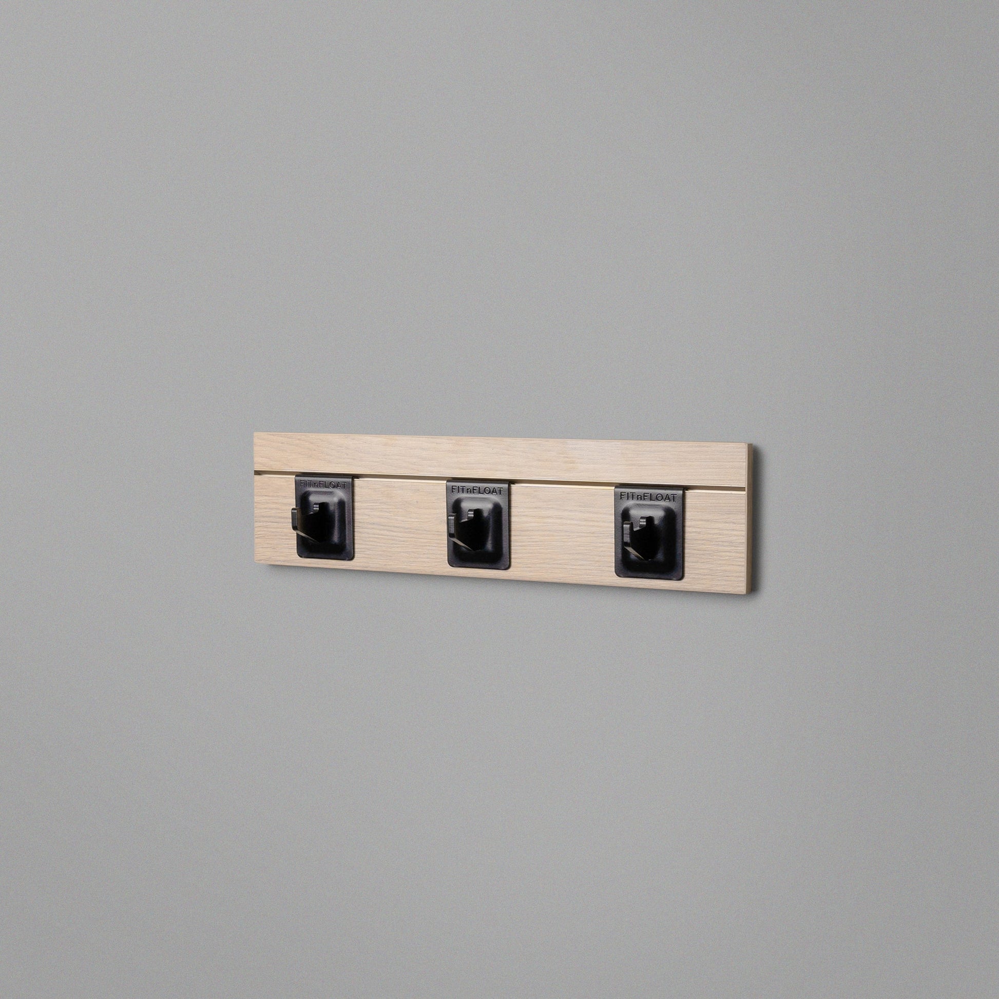 Woodgrain Floating Shelving Back Panel With Three Black Hooks